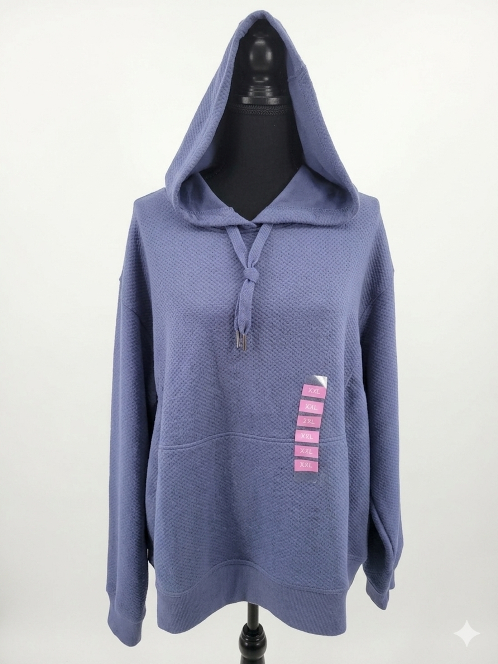 Waffle Knit Hooded Pullover Sweatshirt - Dusty Blue